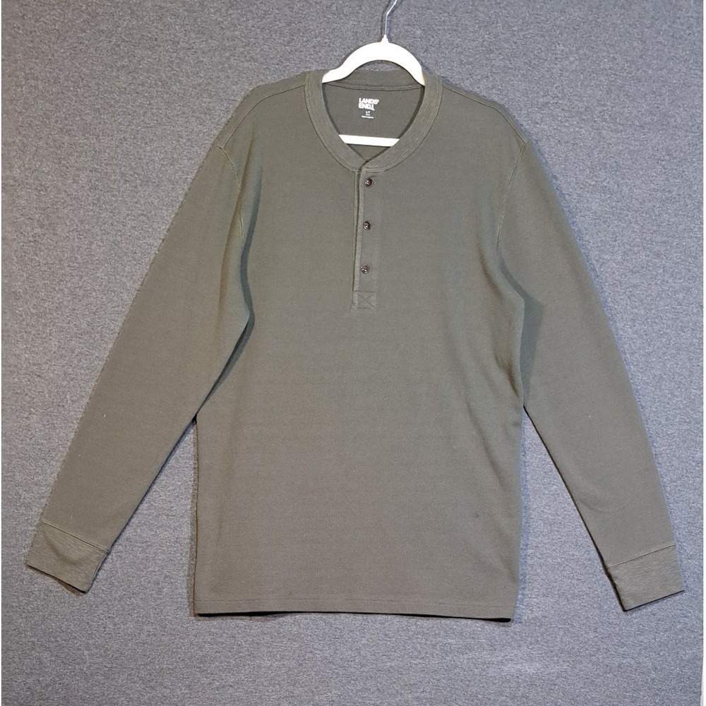 Lands End Mens Large Tall Olive Green Waffle Knit Thermal Long Sleeve Henley